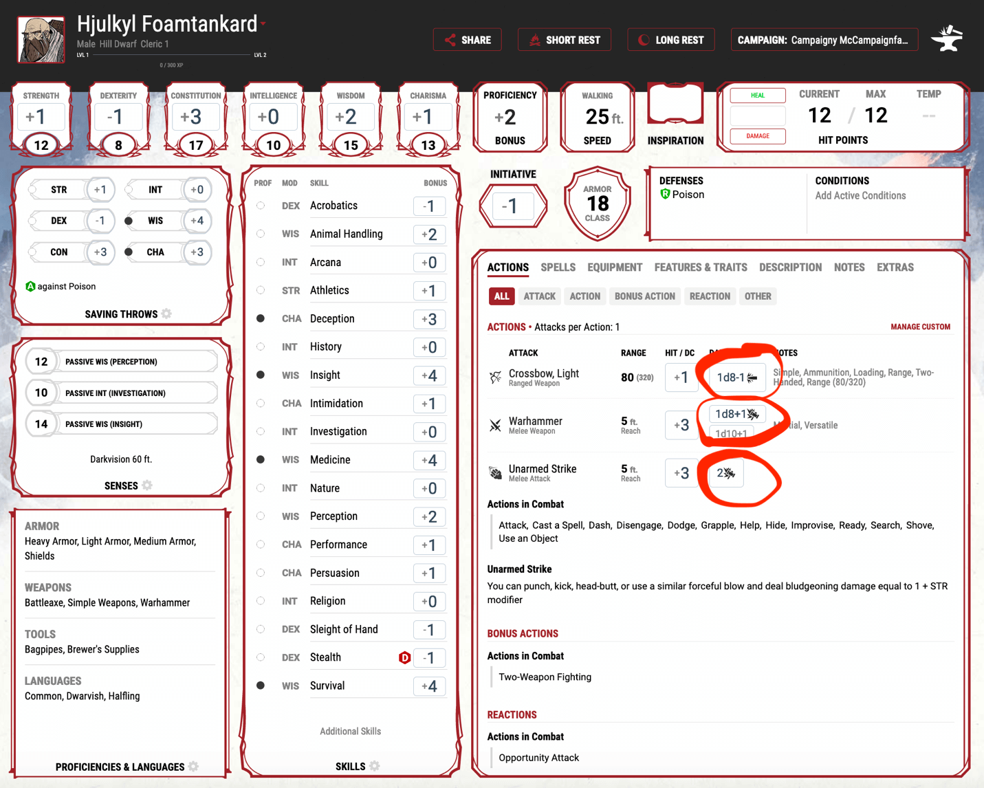 The main character page on www.dndbeyond.com with the damage of the weapons highlighted