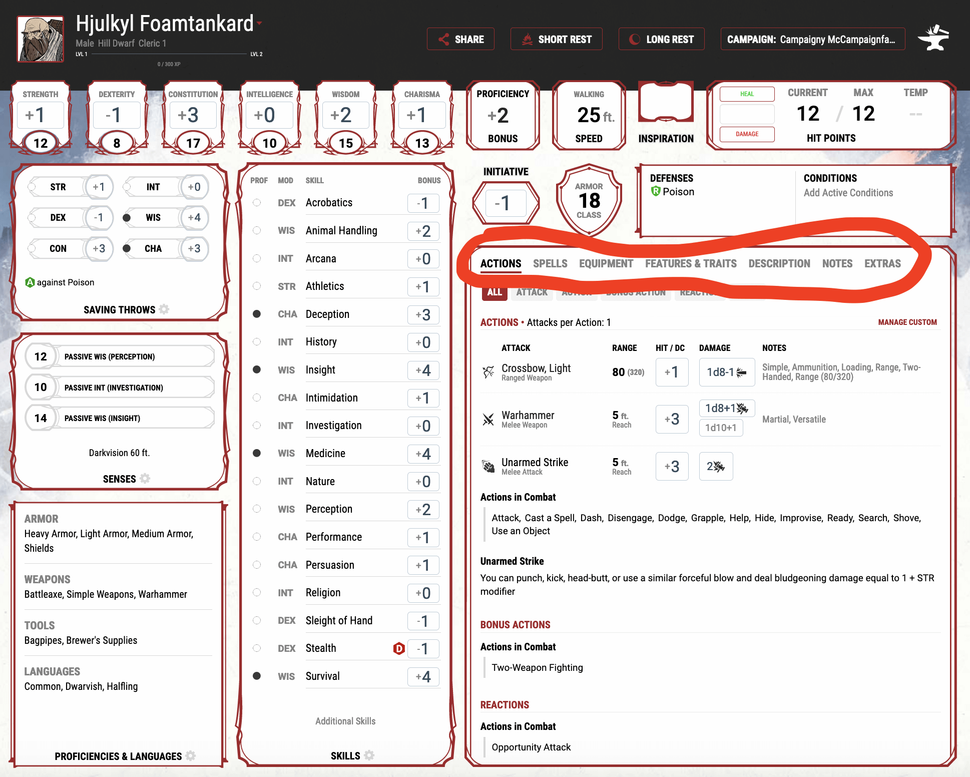 The main character page on www.dndbeyond.com with the actions tab highlighted