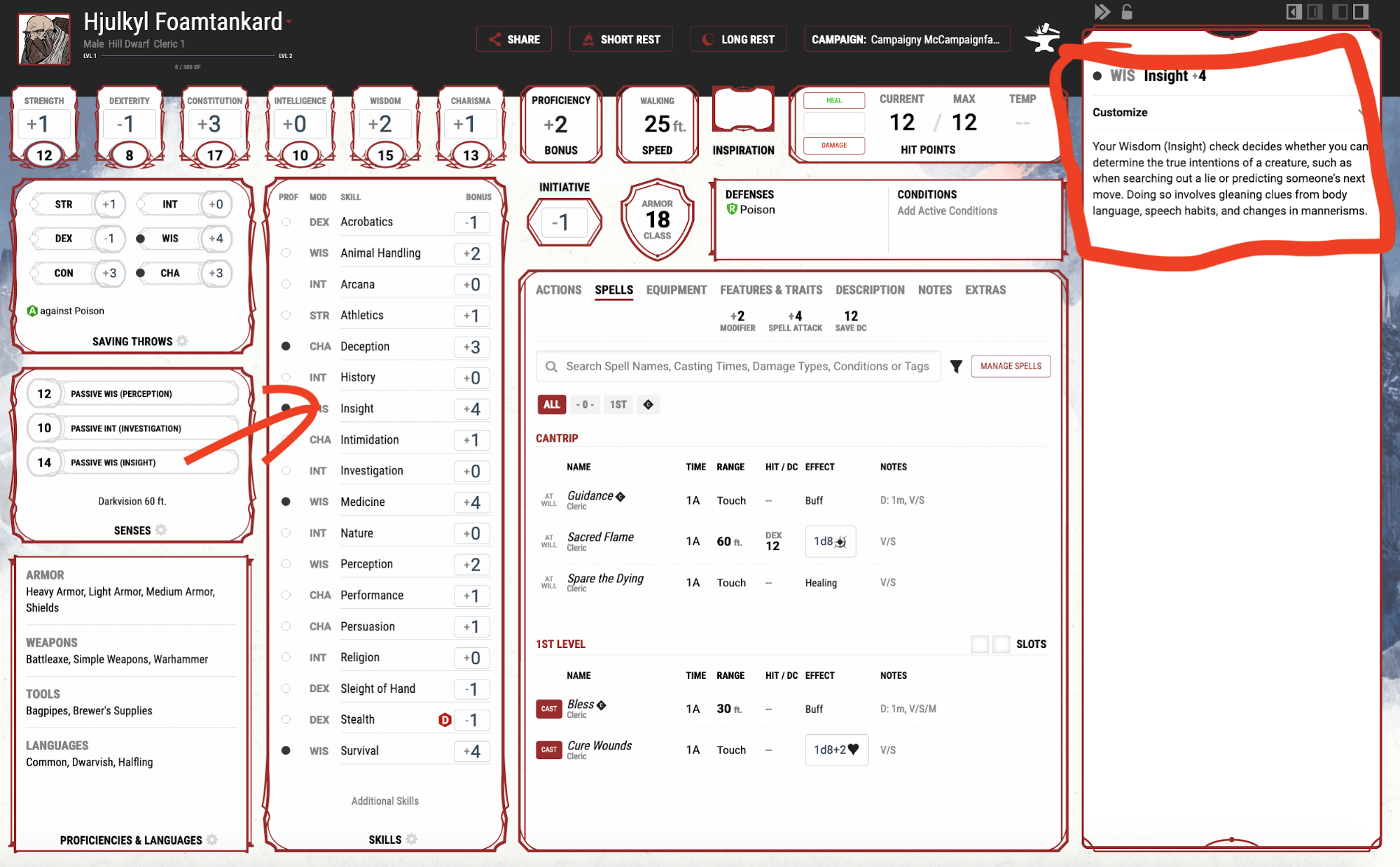 The main character page on www.dndbeyond.com with the Insight skill clicked and the Insight details box open