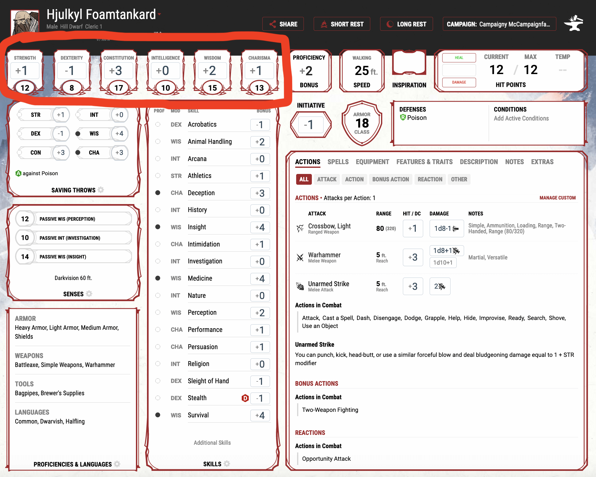The main character page on www.dndbeyond.com with the core stats highlighted