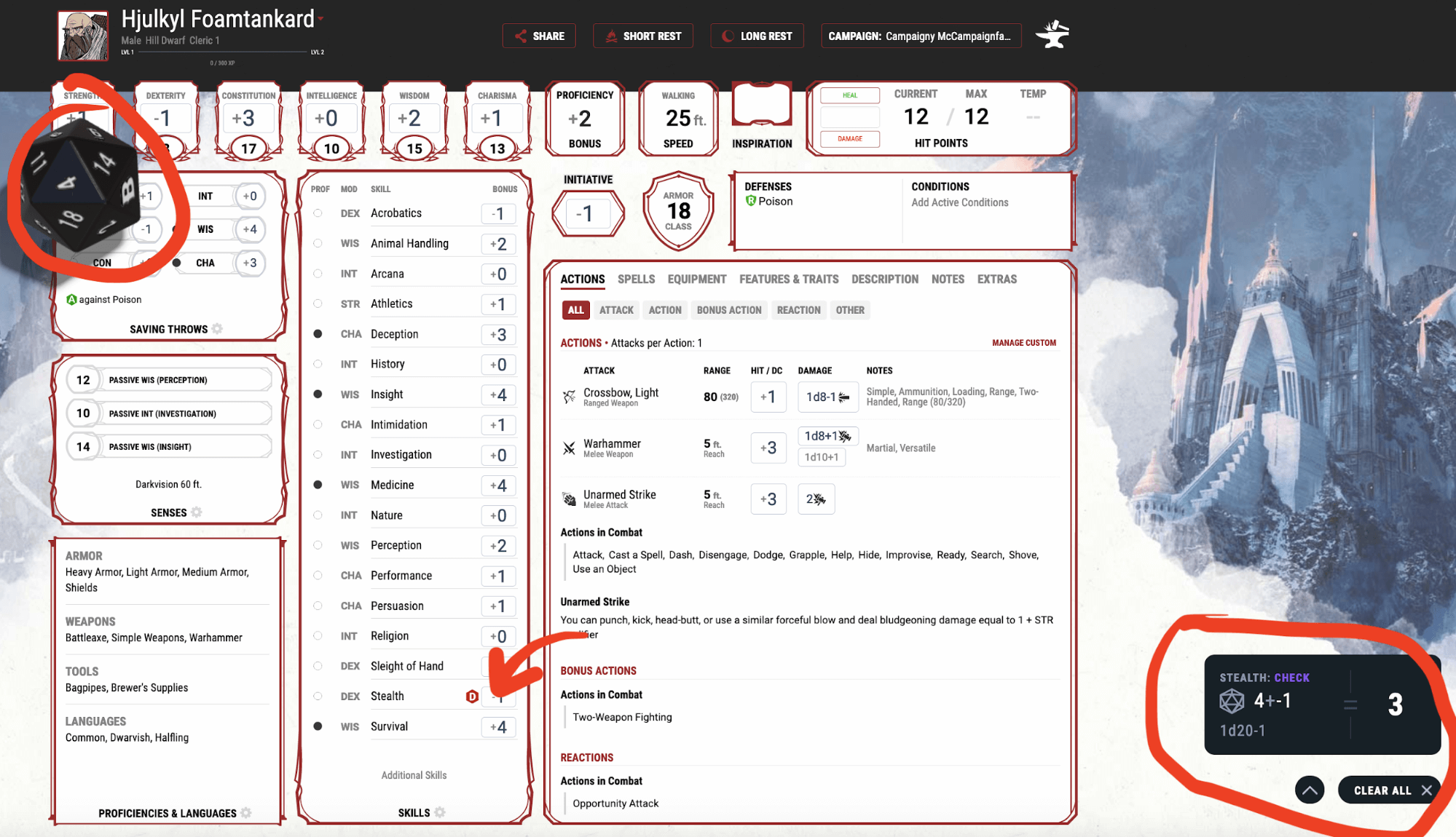 The main character page on www.dndbeyond.com having rolled the dice for a stealth check