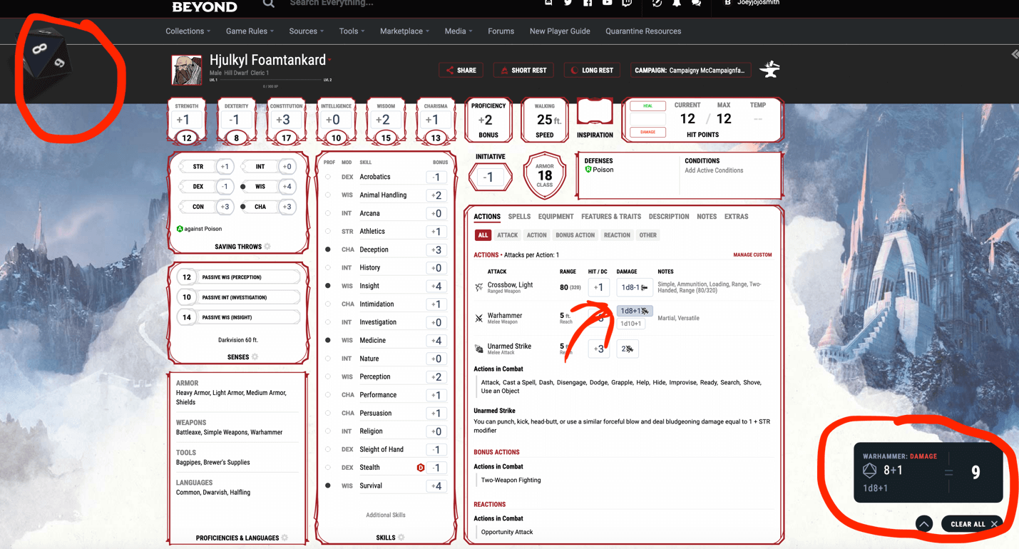 The main character page on www.dndbeyond.com with a damage die roll