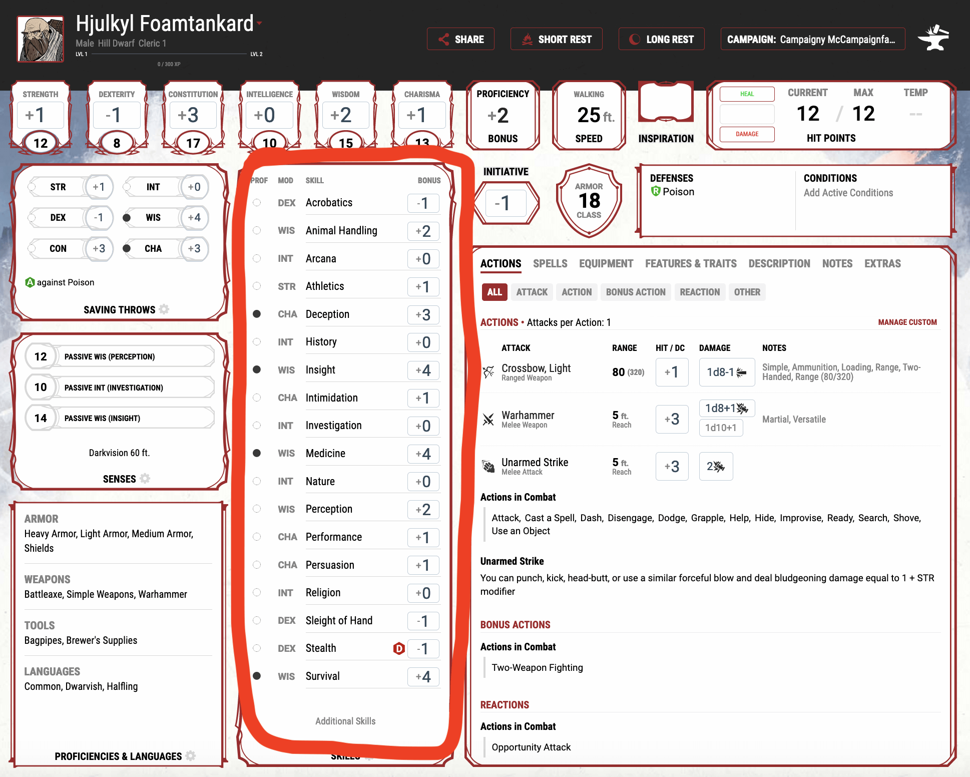 The main character page on www.dndbeyond.com with the skill checks section highlighted