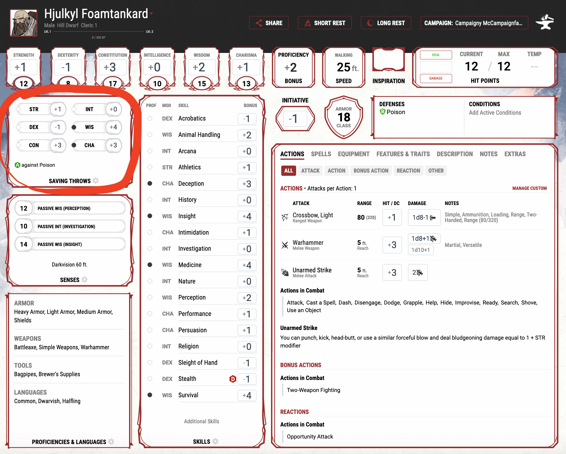 The main character page on www.dndbeyond.com with having rolled a constitution saving throw