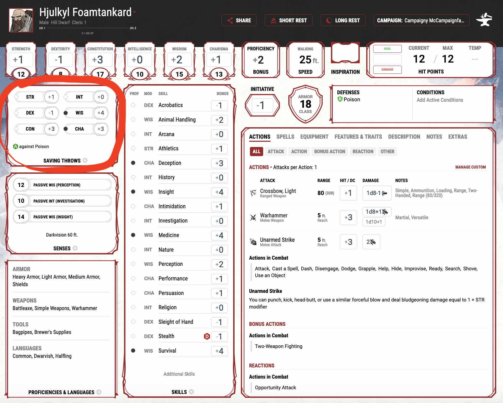 The main character page on www.dndbeyond.com with the saves section highlighted