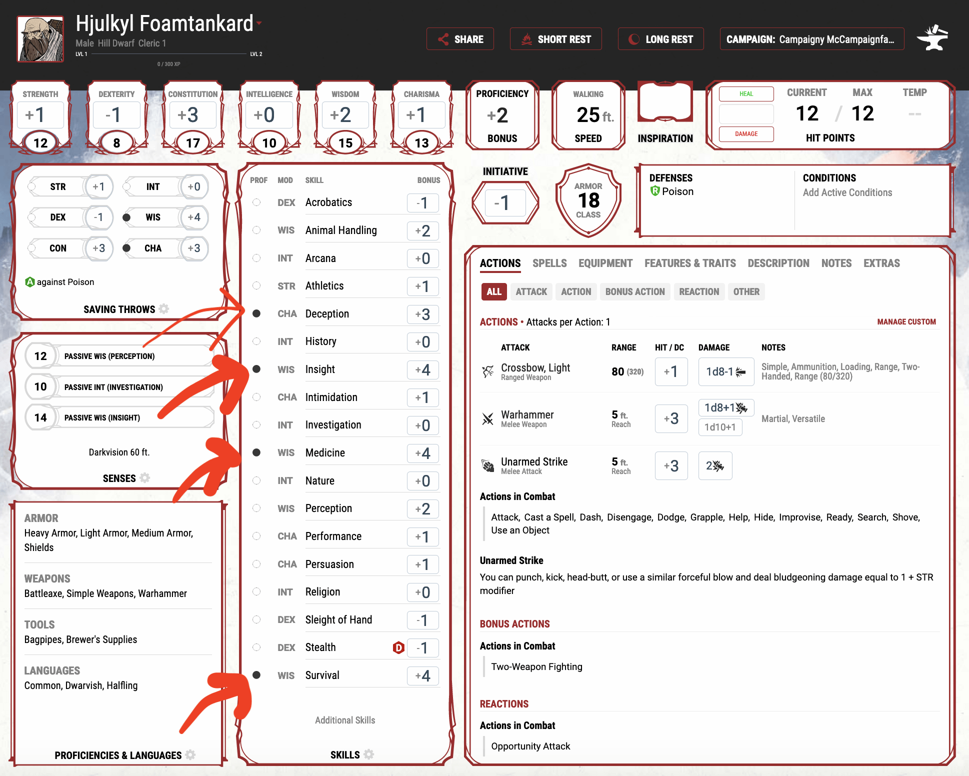 The main character page on www.dndbeyond.com with the skills the character is proficient in highlighted