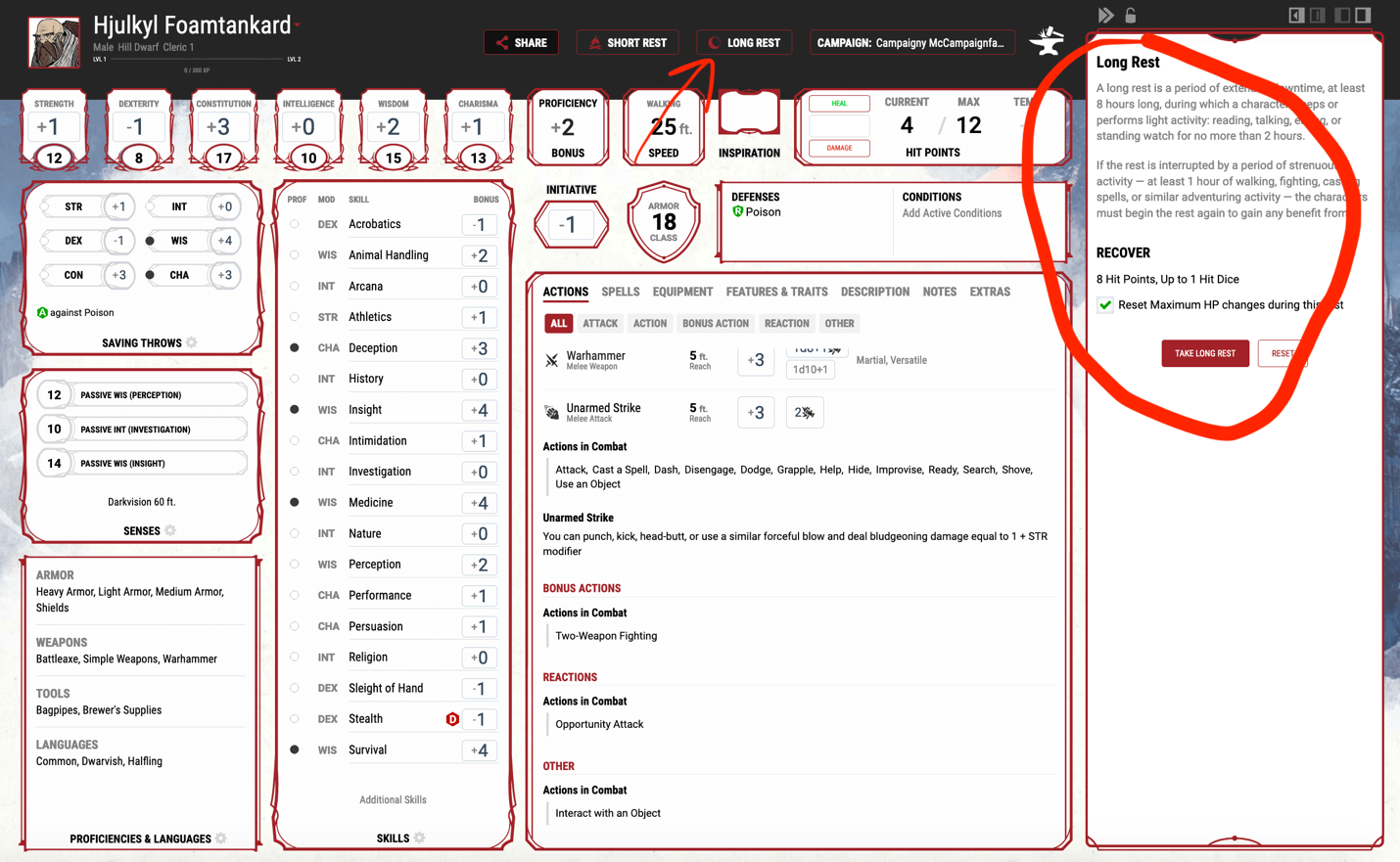The main character page on www.dndbeyond.com highlighting where the long rest button is