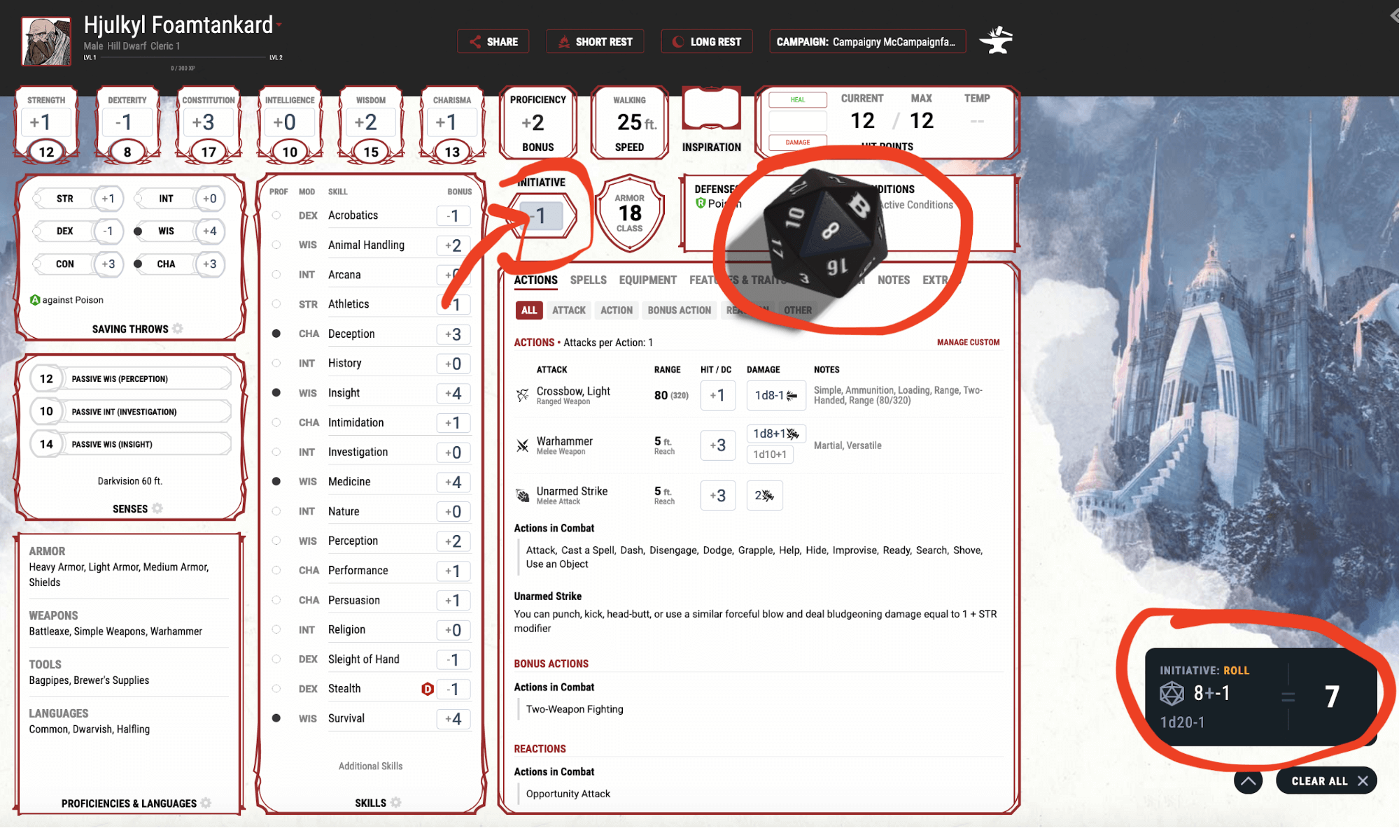 The main character page on www.dndbeyond.com having rolled for initiative