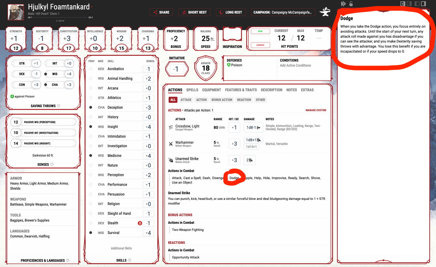 The main character page on www.dndbeyond.com with the dodge action clicked and the detail visible