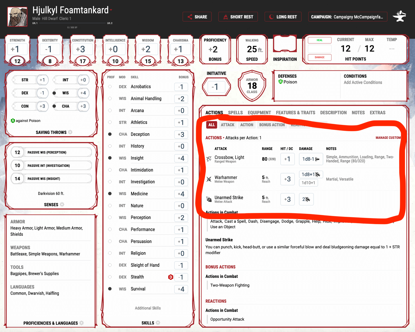 The main character page on www.dndbeyond.com with the attack actions section highlighted