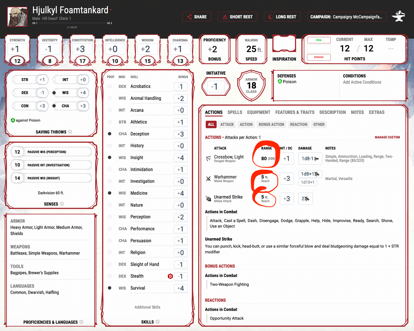 The main character page on www.dndbeyond.com with range of the weapons highlighted