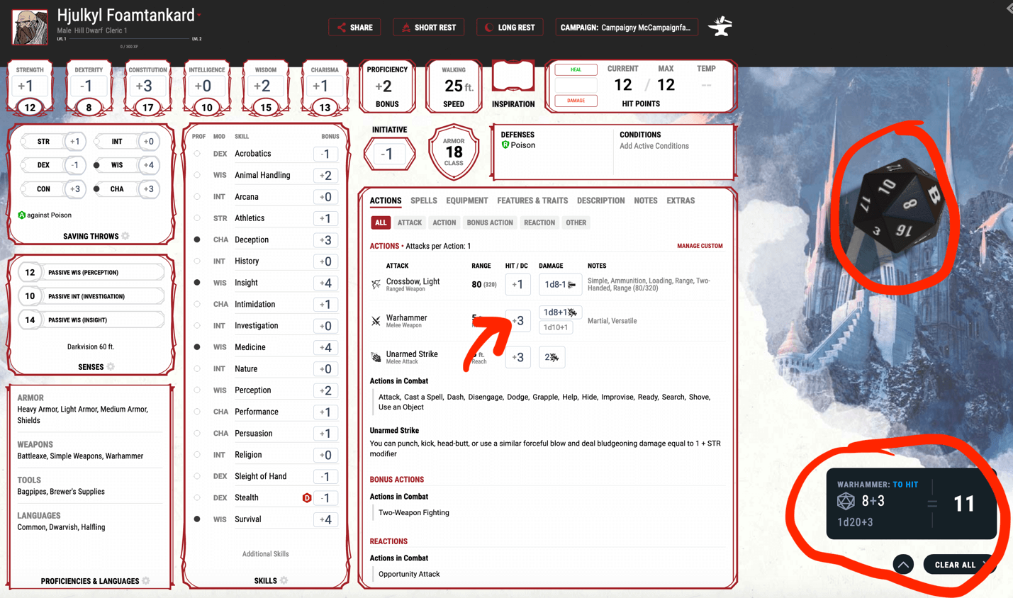 The main character page on www.dndbeyond.com with an attack roll shown