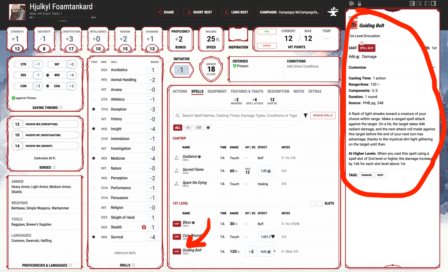 The main character page on www.dndbeyond.com highlighting spell detail