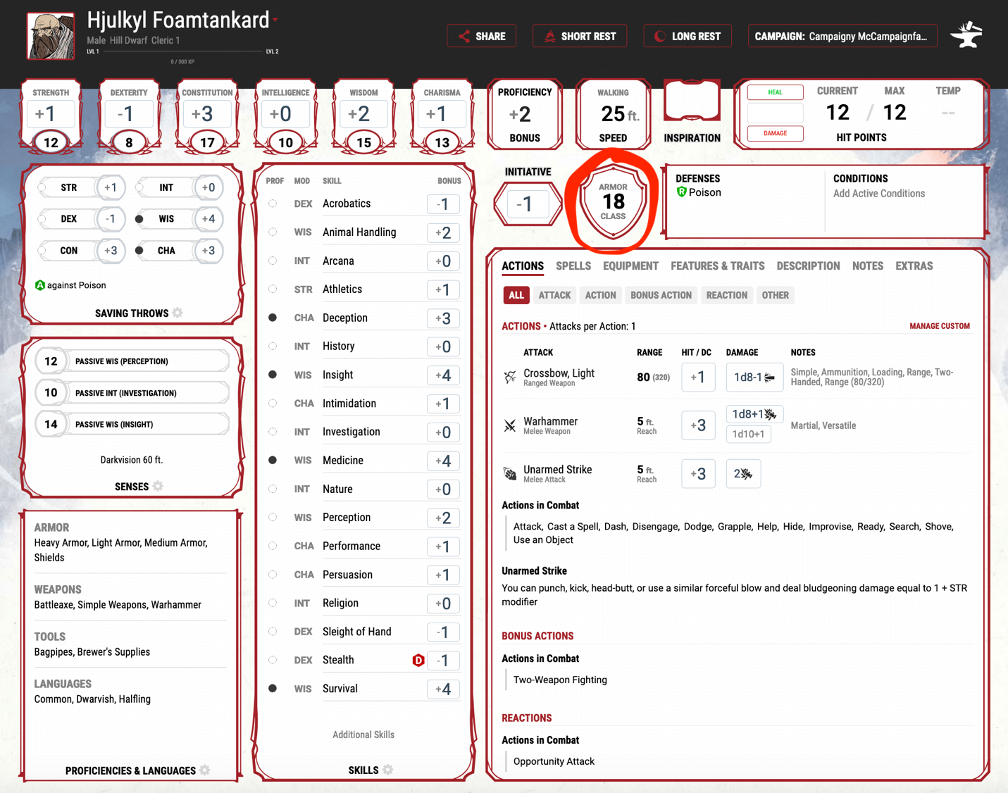 The main character page on www.dndbeyond.com highlighting the armor class (AC) section