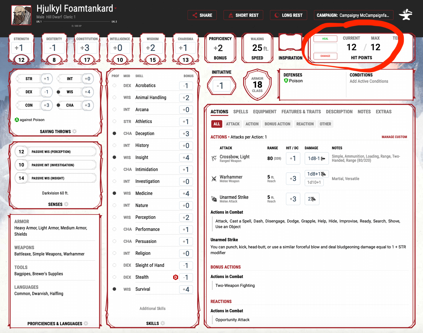 The main character page on www.dndbeyond.com highlighting where the damage is recorded