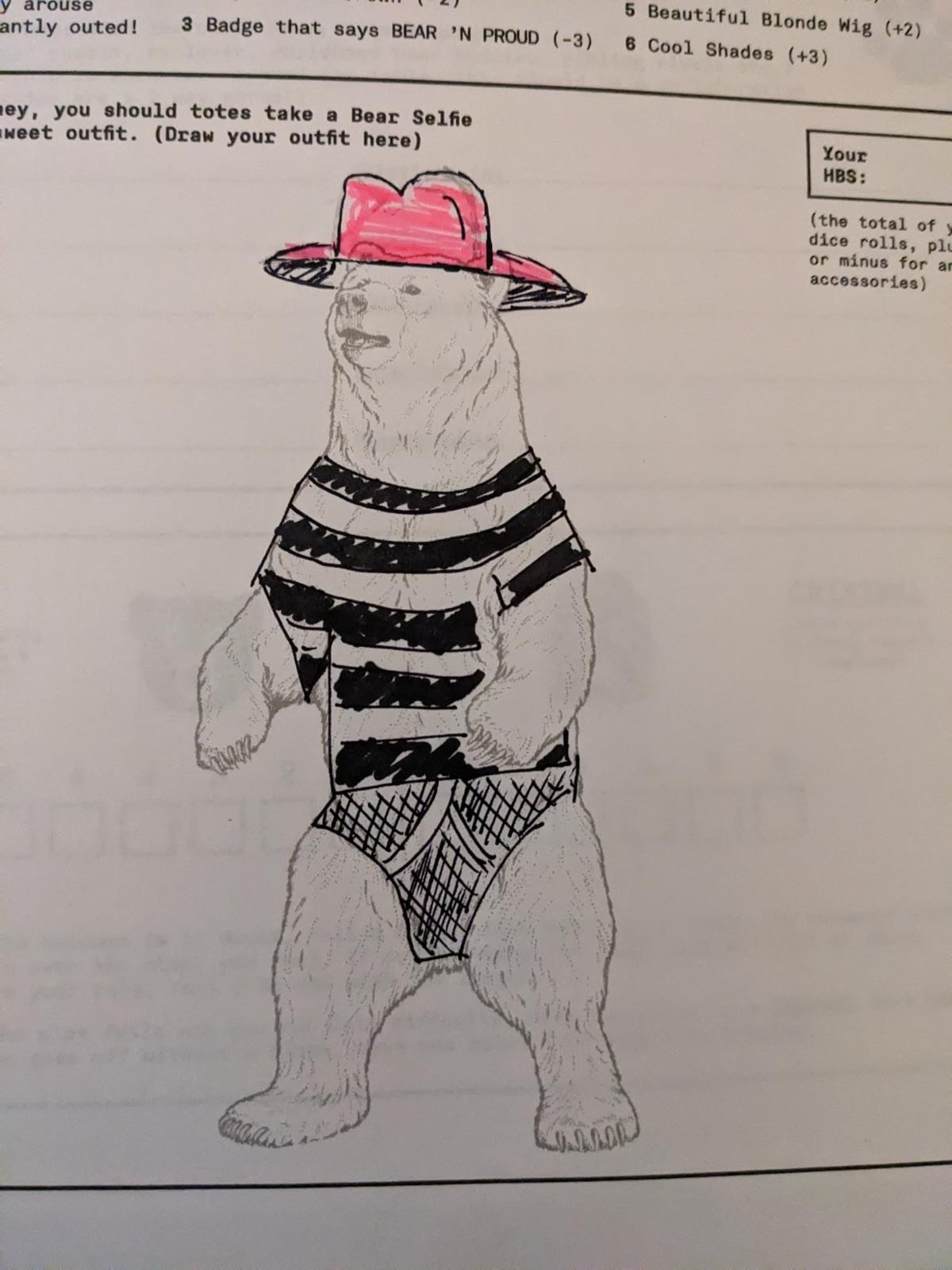 "A drawing of a bear in a pink hat wearing bondage gear."